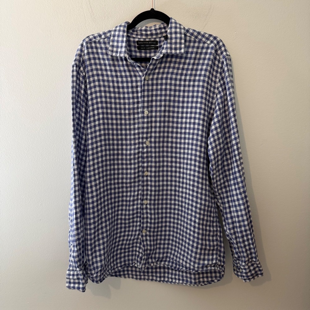 Saks Fifth Avenue Mens BlueWhite Gingham 100% Linen Slim Fit Button Down Shirt L